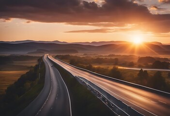 Wall Mural - trip road landscape scenic sunrise highway sunset asphalt country way journey travel drive nature empty background summer transportation sky mountain horizon dawn