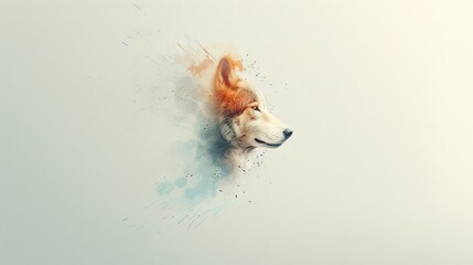 Wall Mural -   A dog's face with orange and blue paint splatters on a white background