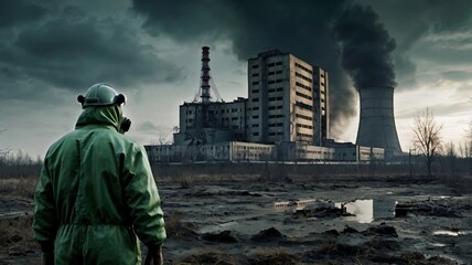 Wall Mural - Nuclear disaster at a nuclear power plant: a deserted landscape with a destroyed reactor. An eerie and ominous tone, emphasizing the catastrophic consequences of the disaster.