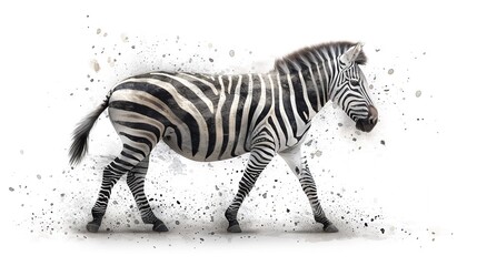 Canvas Print -   A zebra strolling on a white surface with a splash of paint on its back and its head turned to the side