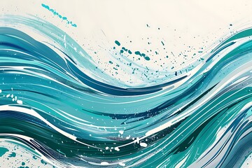 Wall Mural -  An abstract wave pattern with flowing lines in shades of blue and teal, accented with splashes of white, set against a light grey background, creating a sense of fluidity and calm.