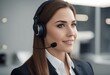 © sandra - woman gray isolated grey help happy employee center call center telemarketer background client call headset center adviser service support telesales client agent desk help background phon