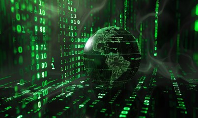 Globe surrounded by digital code and binary