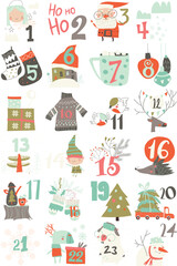 Wall Mural - Advent calendar with Christmas decoration and characters. Vector illustration