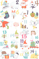 Wall Mural - Advent calendar with Christmas decoration and characters. Vector illustration