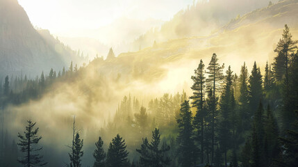 Wall Mural - A beautiful forest with a misty, foggy atmosphere