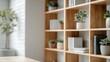 © N0X - Sustainable bamboo shelving unit in a minimalist home office, eco-friendly design