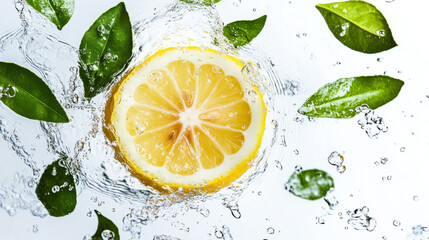 Poster - A slice of lemon and green leaves are floating in a splash of water against a white background.