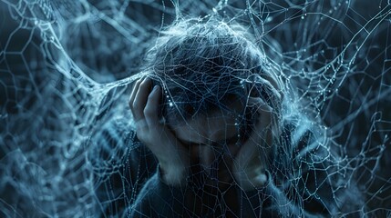 Person, their head is covered by a net of cobwebs.