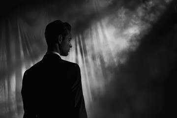 Wall Mural - A man in a suit is standing in front of a curtain