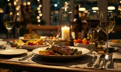 Elegant dining table arrangement with gourmet dishes being prepared, celebrating the joy of food