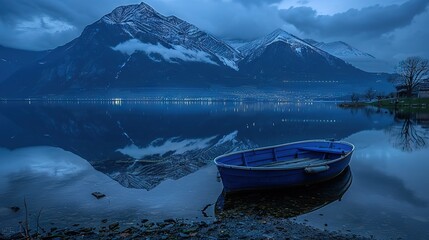 Poster -   A small blue boat floats on a lake beside a snow-capped mountain range