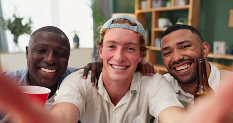 Canvas Print - Selfie, people and diversity with cheerful, together and multicultural for bonding, memory or celebration. Male friends, beer and relax in home for house party drinks and community as group in lounge