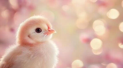 adorable fluffy baby chick with oversized eyes soft warm lighting enhances downy feathers pastel background creates gentle springlike atmosphere cute and whimsical style