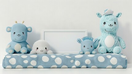 Sticker -   A group of stuffed animals sit on a blue-white polka dots blanket beside a framed photo