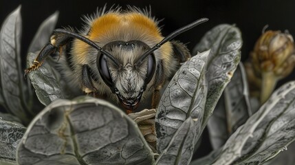 Poster -   A high-resolution image of a bee perched atop a lush, verdant plant surrounded by an array of foliage