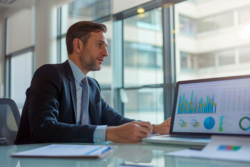 A professional banker analyzes financial data on a laptop, set against a backdrop of large office windows, highlighting a focus on business strategy and analysis.