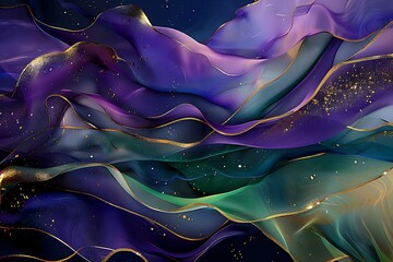 Wall Mural - an abstract composition with flowing lines in shades of purple, blue, and green, accented with gold 