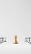 © lililia - A golden king chess piece stands tall amidst scattered silver pawns on a light background, symbolizing strategy and competition in a game of chess