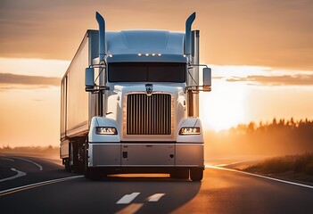 white truck wheeler sunrise highway cargo road transportation transport trailer lorry semi delivery freight vehicle industry trucking shipping car business driving traffic big sky