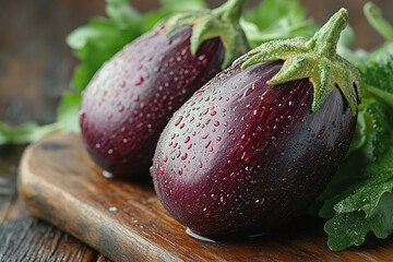 Photograph of a Close-Up of a Fresh Eggplant on a Wooden Table: Featuring individual vegetables.