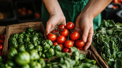 Wall Mural - Greengrocer holding branch of fresh red tomatoes at market stall