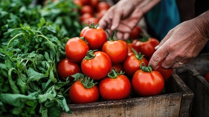 Wall Mural - Greengrocer holding branch of fresh red tomatoes at market stall