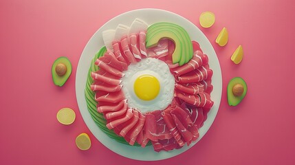 Poster -   A plate with a fried egg in the center, surrounded by avocado slices on a pink background