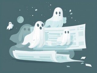 Ghosts flying over financial documents, flat design illustration