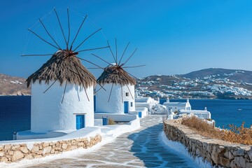 Wall Mural - Traditional white windmills overlooking aegean sea on sunny day in mykonos, greece