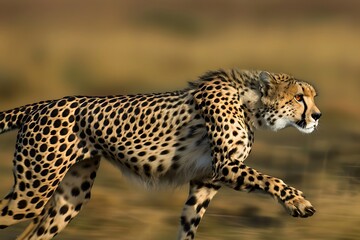 Speeding cheetah in savanna, side view, blurred background, intense energy, nature's fastest, thrilling and captivating, raw power and speed