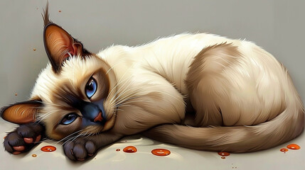 Poster -   A Siamese cat with blue eyes lies on the ground surrounded by blood