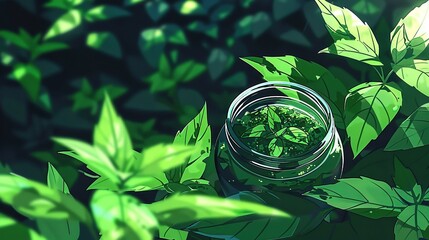 Canvas Print -   Close-up photo of a lush green foliage plant featuring a round object at its center