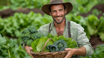 Canvas Print - Smiling farmer holding a basket of fresh vegetables, including broccoli and lettuce, in a lush green field