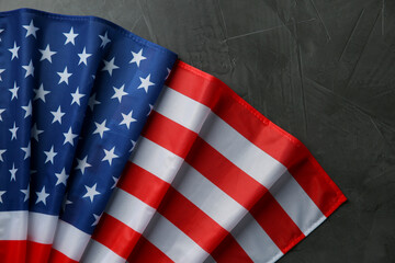 Wall Mural - Flag of USA on black table, top view. Space for text