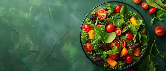 Wall Mural - Overhead shot of a colorful salad bowl filled with various fresh vegetables on a vibrant green background 