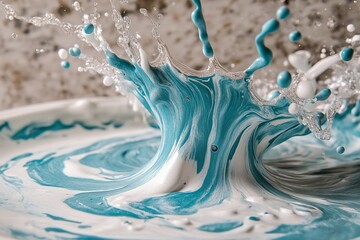 Sticker - A macro shot of turquoise and white liquid creating dynamic splashes and swirls on a surface