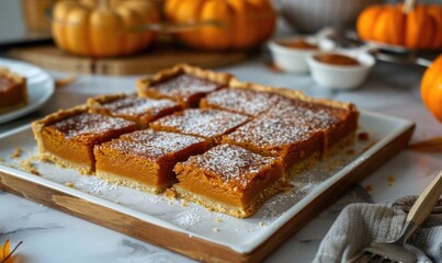 Wall Mural - A pumpkin pie bars with a shortbread crust cut into squares and arranged on a platter