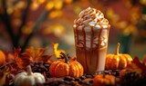 A pumpkin spice macchiato with a drizzle of caramel, surrounded by small pumpkins and fall foliage