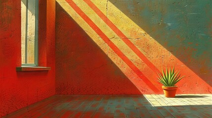 Canvas Print -   A plant on a windowsill with tiles as flooring and green-red walls