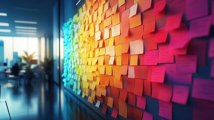 Wall Mural - vibrant sticky notes forming an intricate mind map on a sleek office wall colorful ideas interconnect symbolizing creative business planning and innovation