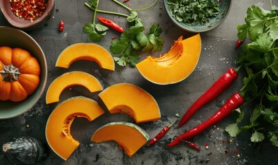 A top-down view of a kitchen counter with fresh cilantro