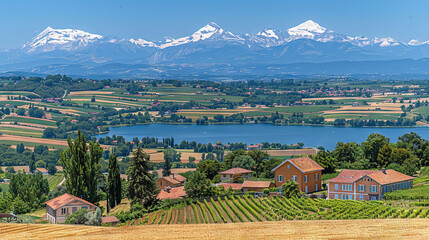 Wall Mural -   A picturesque scene of a valley with a lake in the foreground and snow-capped mountains in the distance