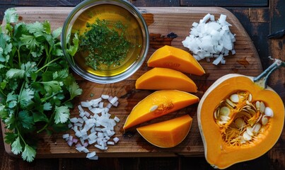 Canvas Print - A top-down view of a table with fresh cilantro, pumpkin wedges, minced garlic, and a bowl of herbs