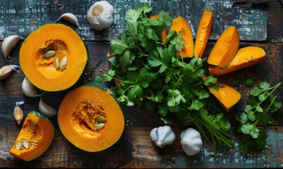 Canvas Print - A top-down view of a wooden table with fresh cilantro, pumpkin wedges, garlic cloves