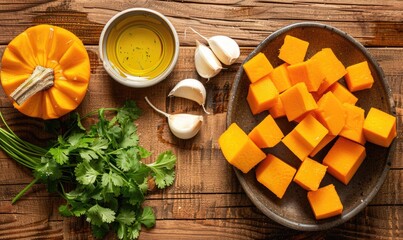 Poster - A top-down view of a wooden table with fresh cilantro, pumpkin wedges, garlic cloves