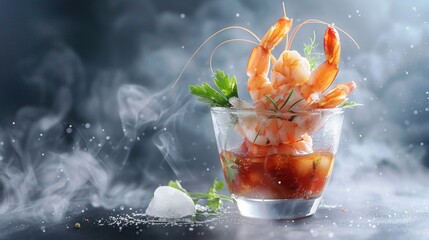 Poster -   A glass of shrimp served over ice, garnished with garnishes