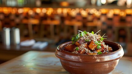 Poster -    a close-up bowl of food on a table with a slightly blurred background of people in the background