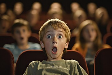 A little boy in the cinema with wide-open eyes and an open mouth is afraid of what he saw on the screen