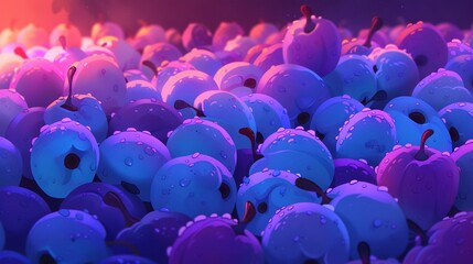 Poster -   A crowd of purple and blue spheres with water splashes, set against a red illumination